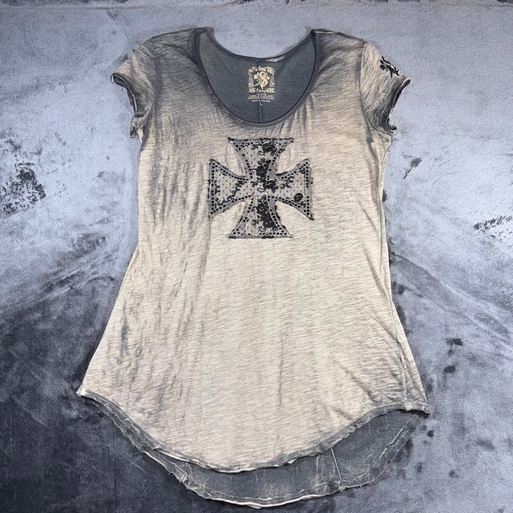 Velvet Stone Gray Burnout Lace Cross Rhinestone Split Back Tee Shirt Womens L